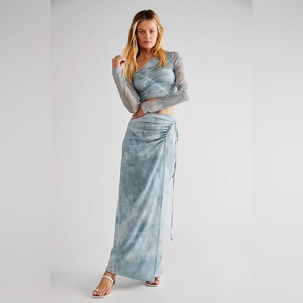 Free People Supernova Asymmetrical Ruched Mesh Tie Dyed top Skirt Set L